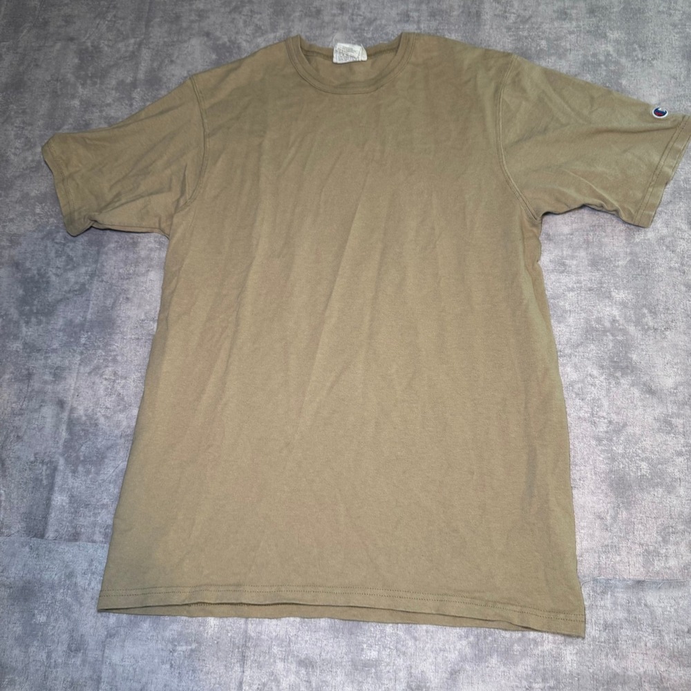 Champion Mens Medium T-Shirt Khaki Tan Short Sleeve Crew Neck Embroidered Logo
